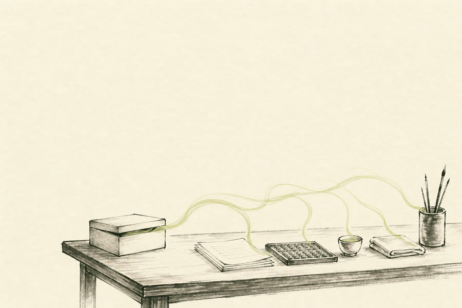 届いた箱から風が立ちのぼり、机の上の仕事道具へ渡っていく墨絵