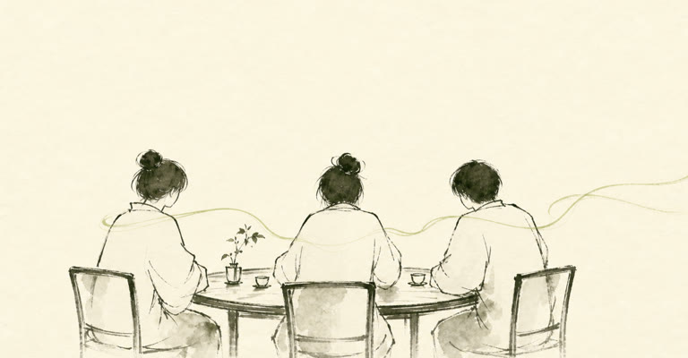 三人が丸机を囲み、風が人から人へ渡っていく墨絵